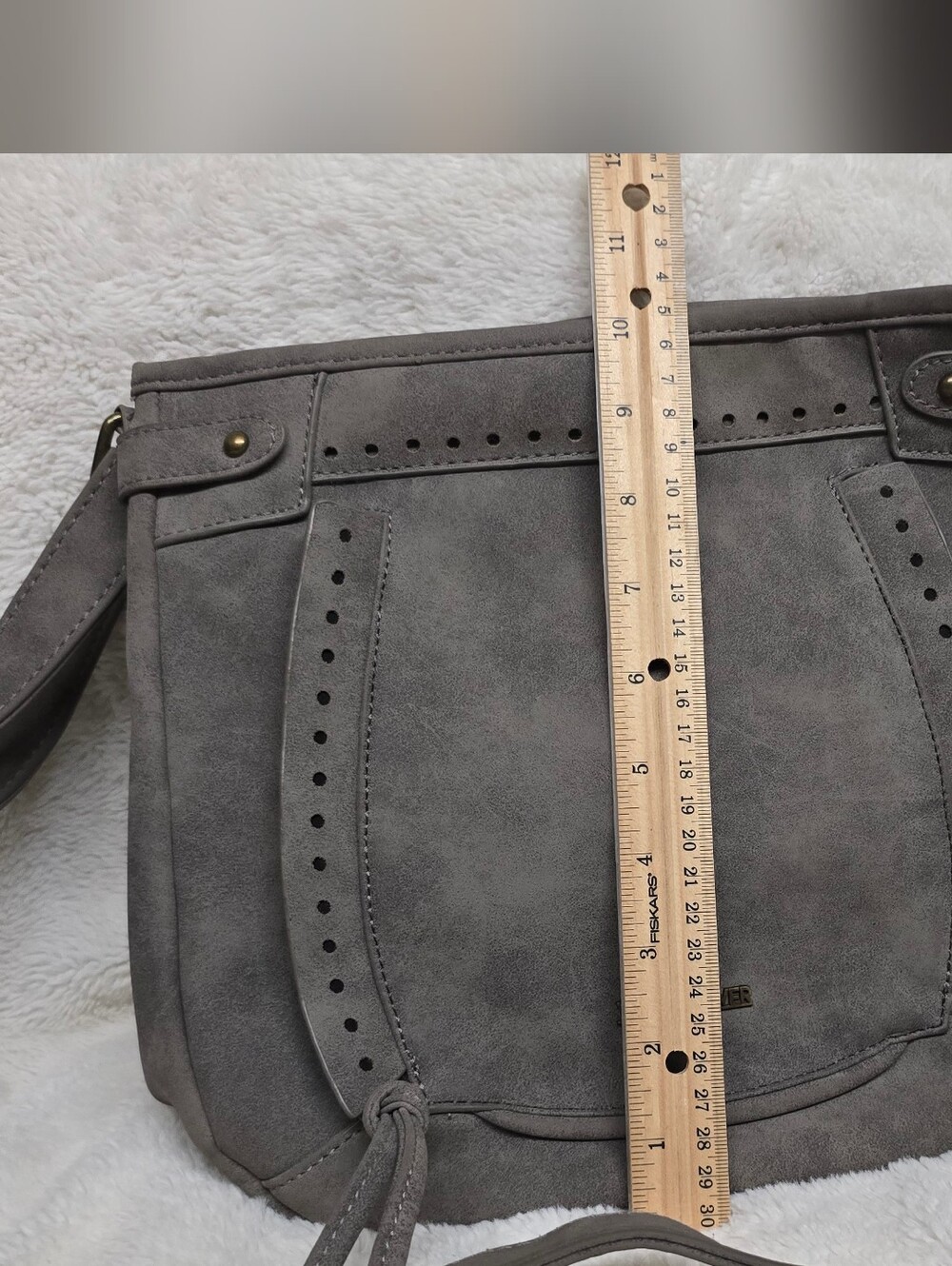 Wallflower Gray Suede Crossbody Shoulder Bag with Perforated Trim - Picture 4 of 4